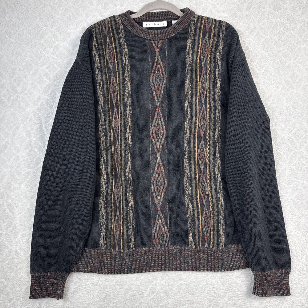 Vtg 3D Knit Crewneck Sweater Mens L Geometric 90s 80s Hip Hop Cosby Grunge Coogi